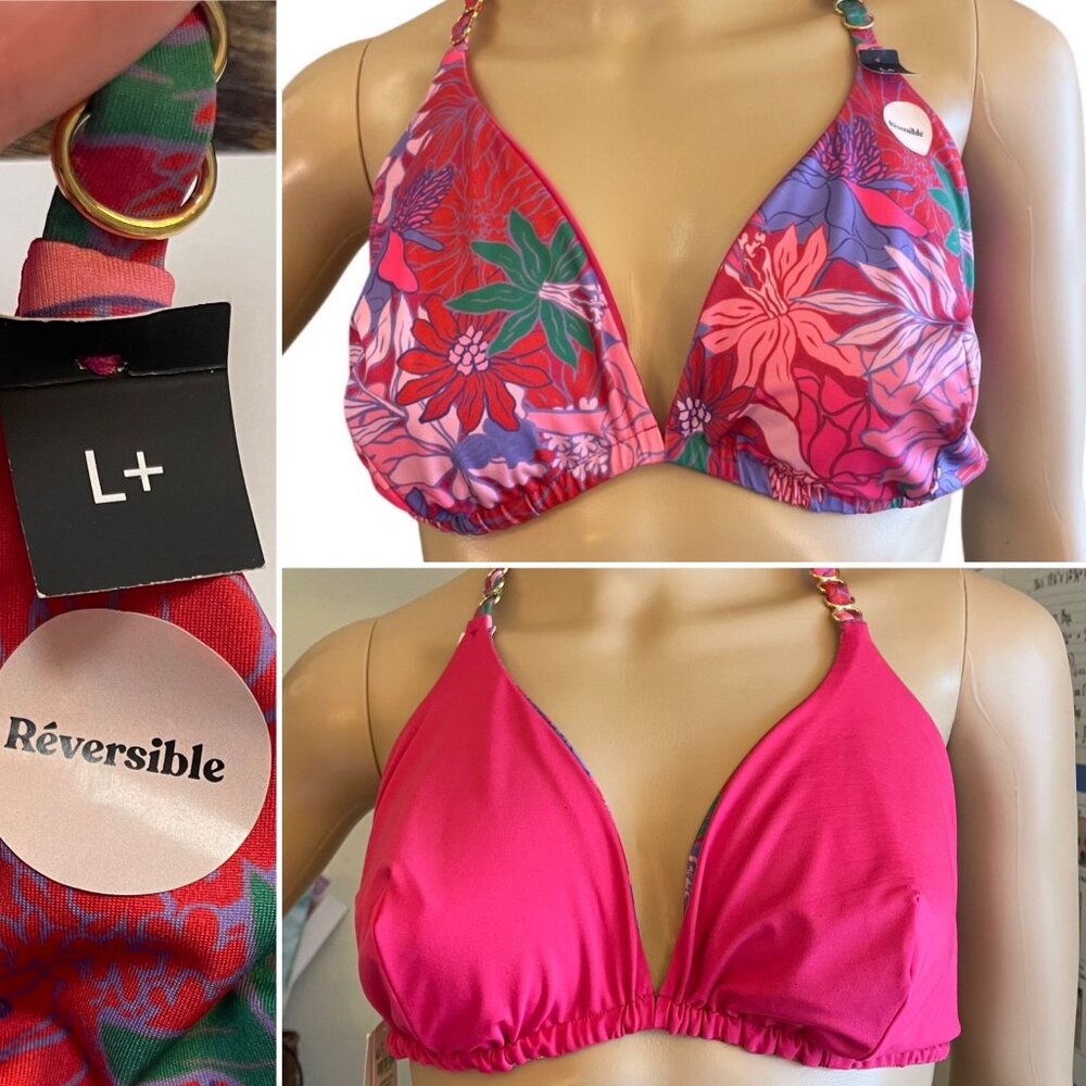 Etam Reversible Tropical Splash Halter Bikini Swim Top Sz L+ Pink to Floral